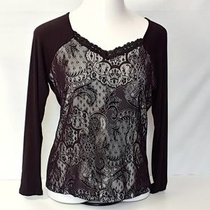 Black w/ Lace Over White Top Long Sleeve Shirt